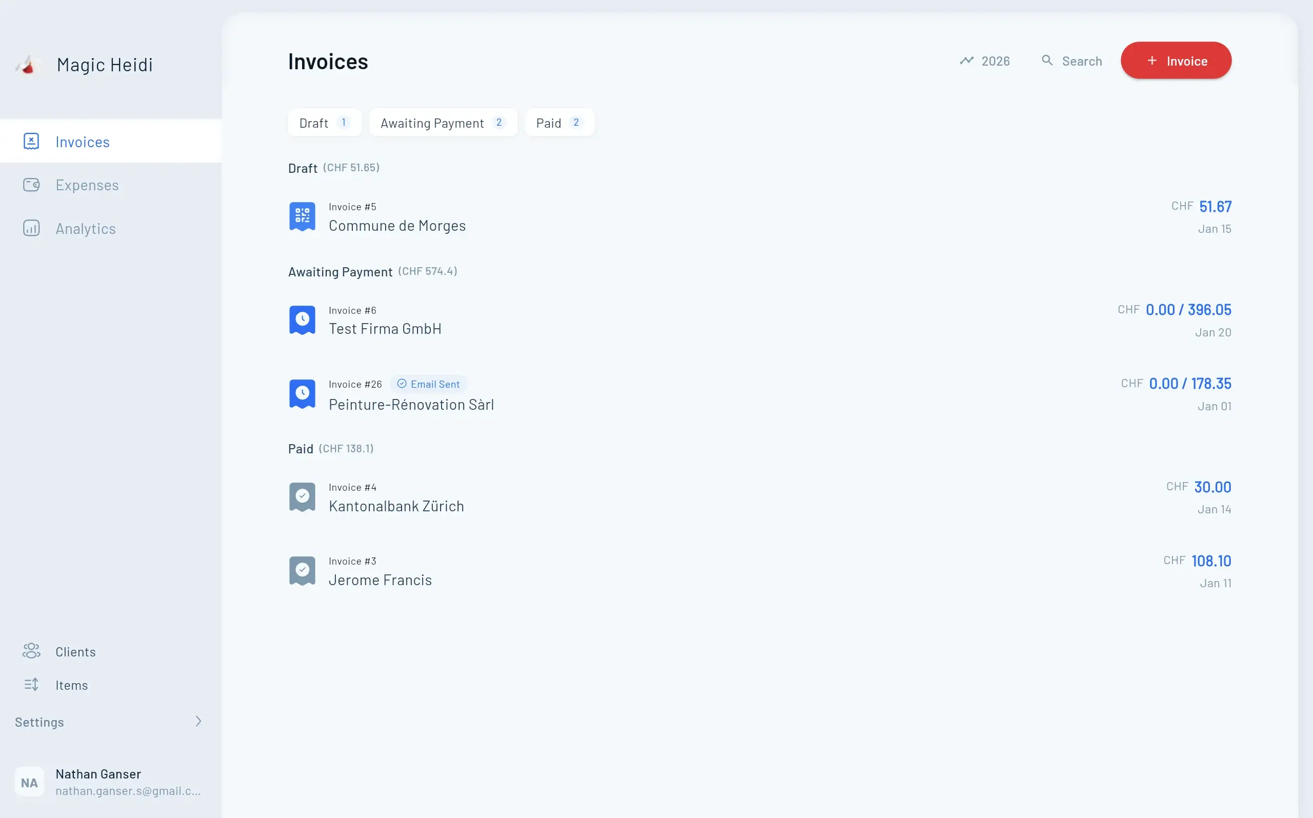 Magic Heidi Invoice List in Browser
